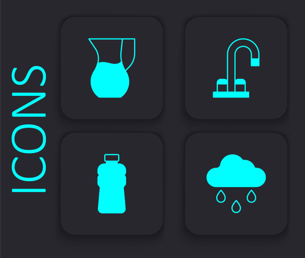 集云与雨，壶玻璃水，水龙头和图标瓶。黑色方形按钮。向量图片下载