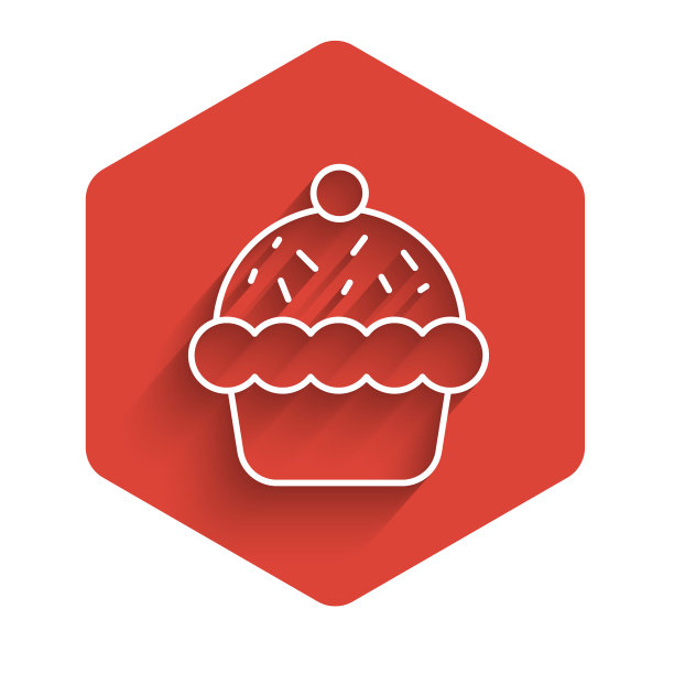 白线纸杯蛋糕图标孤立与长阴影。红色六边形按钮。向量图片下载