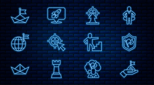 设置线山与旗帜，盾牌，目标，行星，折叠纸船，楼梯完成和火箭船图标。向量图片下载