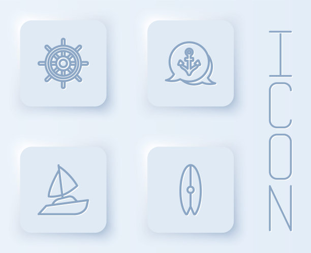 船舶舵轮，锚，游艇帆船，冲浪板。白色方形按钮。向量图片下载