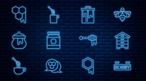 悬挂标志与蜂巢，蜂巢为蜜蜂，蜂巢，罐，勺棒和图标。向量图片下载