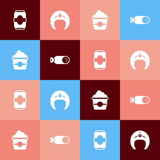 设置流行艺术汽水罐，鱼排，爆米花在纸板箱和意大利腊肠图标。向量图片下载