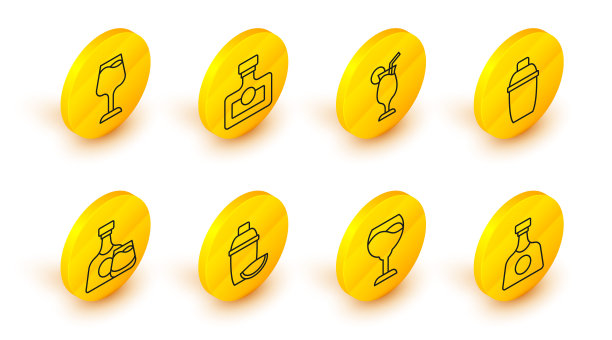 设置线龙舌兰酒瓶，葡萄酒杯，鸡尾酒摇壶与石灰，威士忌和，酒精饮料朗姆酒和图标。向量图片下载