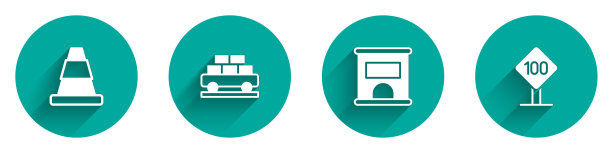 设置交通锥、货车、售票处购票及限速交通标志100公里长影图标。向量图片下载