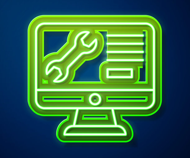 发光的霓虹灯线电脑显示器与扳手图标隔离在蓝色背景。调整、保养、设定、保养、修理。向量图片下载