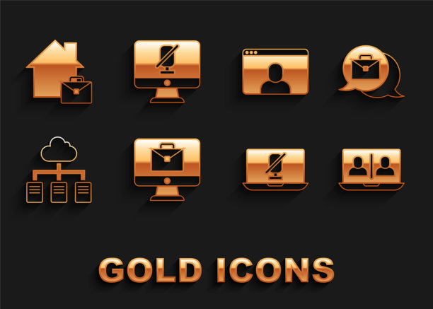 设置“在线工作”、“视频聊天会议”、“静音麦克风笔记本电脑”和“电脑图标”。向量图片下载