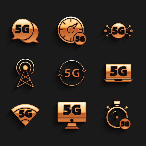 设置5G网络、监视器、数字速度计、笔记本电脑、天线和图标。向量图片下载