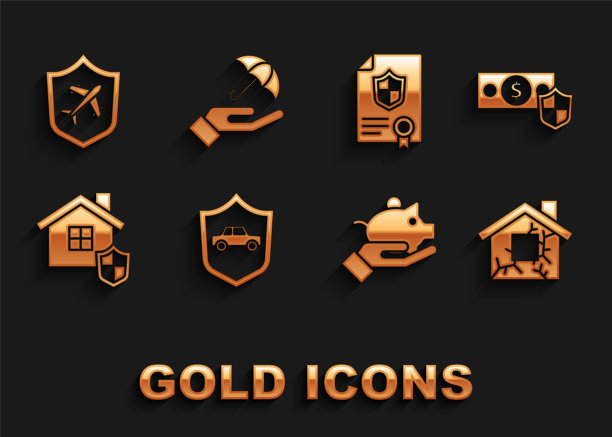 集汽车与盾牌，钱，房子，手里的储蓄罐，合同，飞机和伞图标。向量图片下载