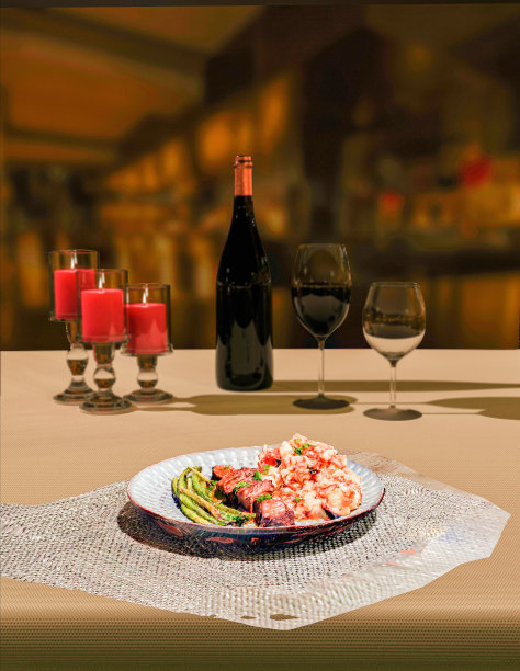 鸵鸟肉配烤土豆和蔬菜，配红酒、白酒和蜡烛，餐厅背景散乱。图片下载