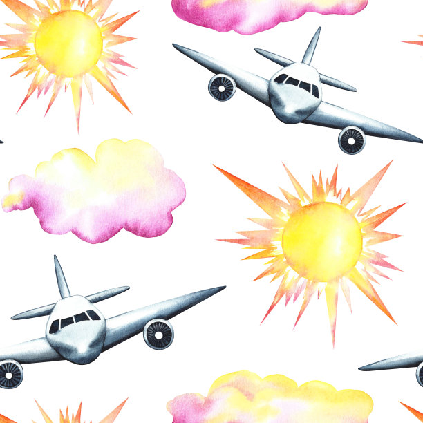 白色背景上的客机、太阳和云的无缝图案。水彩手绘插图。专为背景，传单，横幅。用于标签、包装和纺织品。图片下载