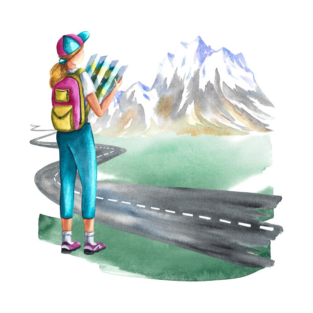 女游客拿着地图，从背面看。孤立在白色背景上。水彩手绘插图。专为传单，横幅和明信片。用于邀请，海报，贴纸和印刷品。图片下载