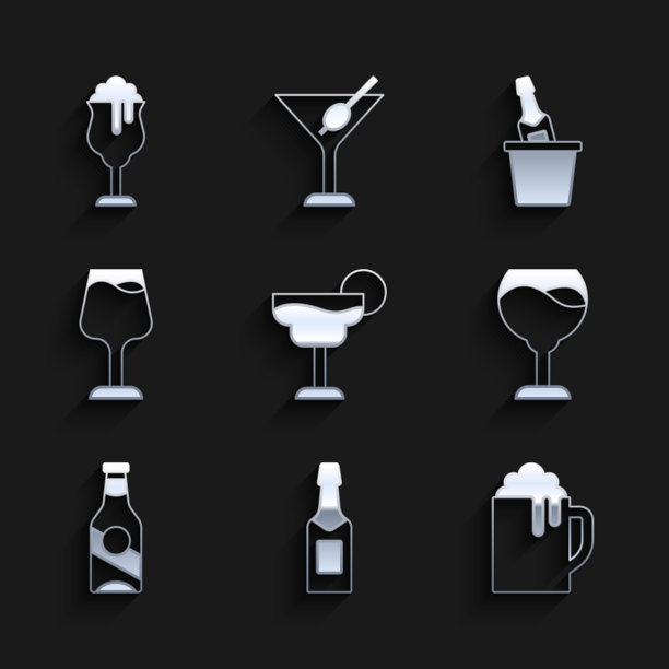 集鸡尾酒，香槟瓶，木制啤酒杯，葡萄酒杯，啤酒，冰桶和图标的玻璃杯。向量图片下载