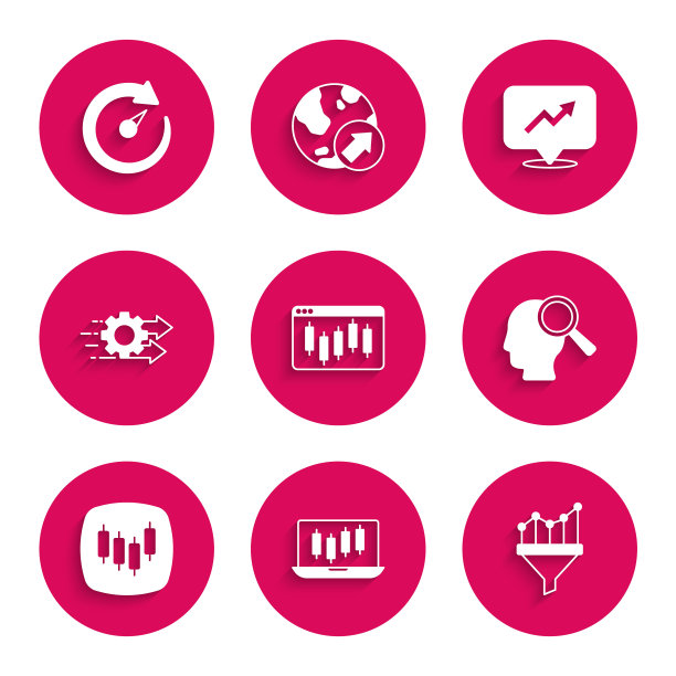 设置浏览器与股票市场，股票增长图表，销售漏斗图，搜索人，时间管理，财务和数字速度计图标。向量图片下载
