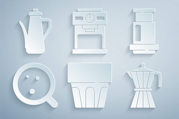 Set Glass with water, Aeropress coffee，咖啡杯，摩卡咖啡壶，机器和茶壶图标。向量图片下载