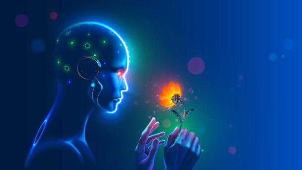 人工智能面部轮廓。人工智能在人形头上拿着人工机器人花。科幻未来概念。计算机神经网络学习世界。人工智能与数字大脑分析。行业4图片下载