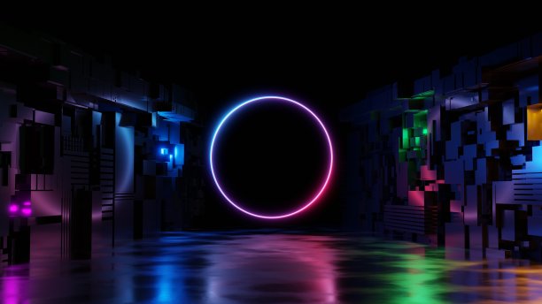 抽象的红蓝霓虹背景。在繁星点点的夜空下，城市街道中央发光的线性体积霓虹灯圆圈。数字未来壁纸。三维渲染图片下载