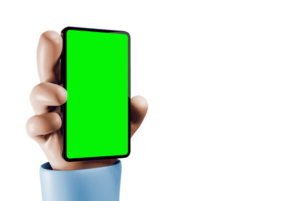卡通手拿着手机，展示了铬绿屏幕手机模型与孤立的白色背景。3 d渲染。图片下载