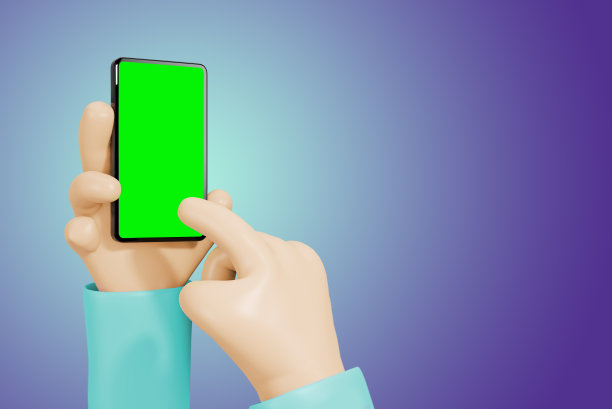 卡通手拿着手机，触摸屏幕铬绿屏幕手机模型与彩色紫色背景。3 d渲染。图片下载