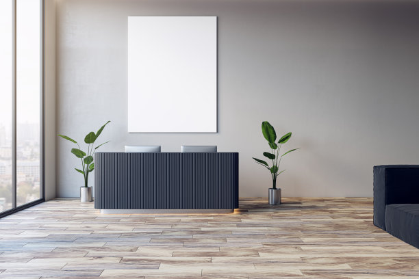 现代的办公大厅，有空荡荡的白色模拟海报，接待台，城市景观窗，木地板和各种物品。3 d渲染。图片下载