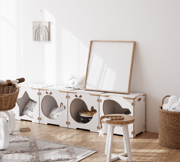 模拟海报框架在白色舒适的儿童房内部背景图片下载