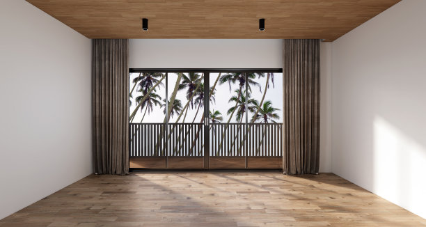 房子，公寓，酒店，度假村的空房间，但装饰有木地板和天花板窗帘，从阳台向外看，可以看到靠近大海和天空的椰子树，一个放松的好地方。简单的3D内部椰子树视图。图片下载
