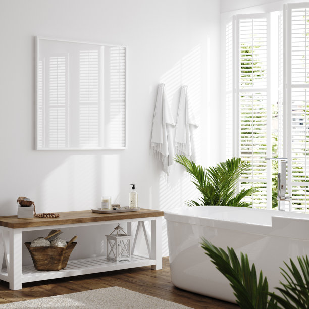 海报框架模型在白色舒适的浴室内部背景图片下载