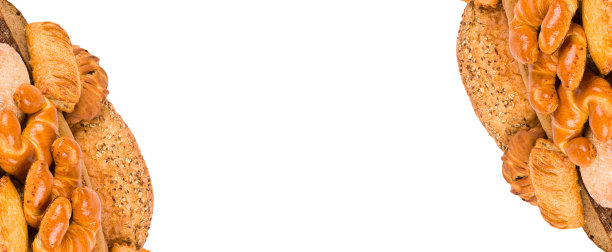 面包，法棍面包和开胃糕点孤立在白色。宽的照片。有文字的空间。拼贴画。图片下载