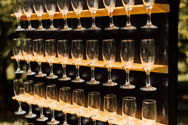 架子:放眼镜的架子奢华的婚礼。浪漫的婚礼仪式。户外用绿色植物装饰的婚礼拱门-库存照片图片下载