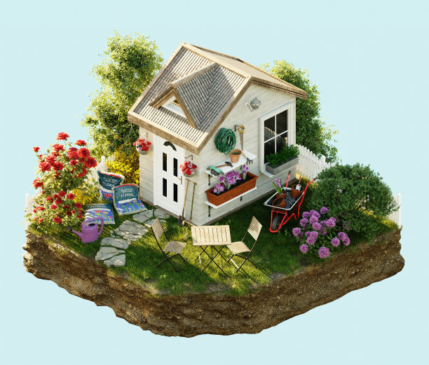 花园房屋的等距3D渲染，带有休息区，种植的玫瑰，树木，花园工具，带花的花盆，花园手推车。图片下载
