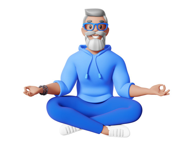 三维插图快乐的商人与灰色的头发，胡须和眼镜孤立的白色背景。三维渲染设计的人物角色坐在瑜伽姿势在蓝色的衣服图片下载