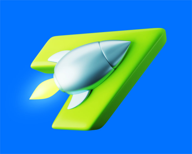 三维插图飞行箭头飞船在蓝色的背景与绿色的火焰。创业火箭3d渲染设计图片下载