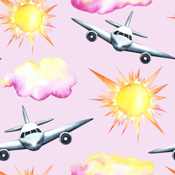 在粉红色的背景上，有客机、太阳和云的无缝图案。水彩手绘插图。专为背景，传单，横幅。用于标签、包装和纺织品。图片下载