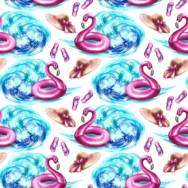 具有海浪和沙滩度假属性的无缝花纹。在白色的背景上。水彩手绘插图。专为背景，传单，横幅。用于标签、包装和纺织品。图片下载