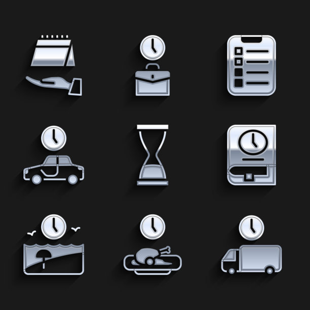 设置旧沙漏与沙子，食物时间，交付，时间为书，假期，旅行，要做的清单计划和日历图标。向量图片下载