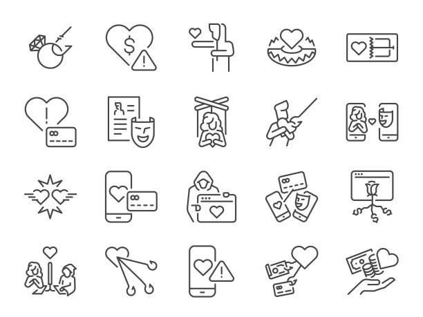浪漫骗局图标集。它包括网络钓鱼，假冒，谎言，欺诈，浪漫骗局，以及更多的图标。可编辑的中风。图片下载