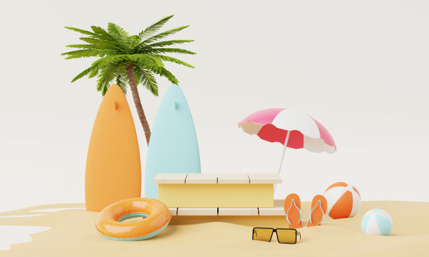 暑假海滩抽象的背景概念，极简现实的展示平台的产品模型或化妆品与夏季主题，沙滩伞，沙子，椅子，充气环。三维渲染图片下载