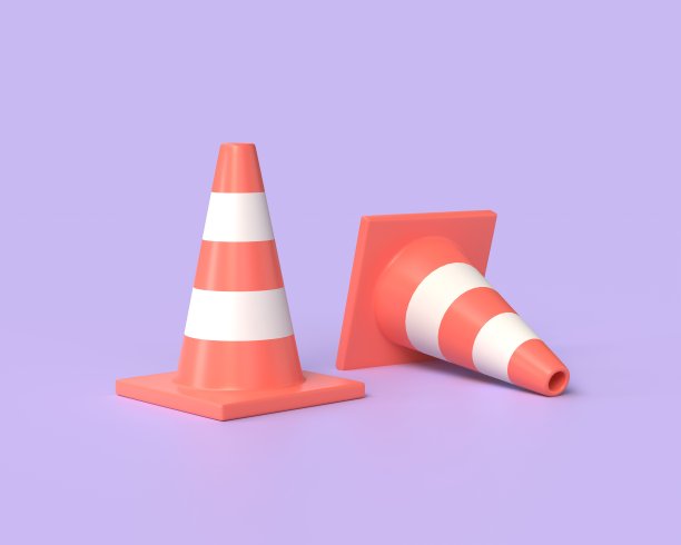 三维卡通红色交通锥图标。事故预防理念。插图孤立的紫色背景。三维渲染图片下载