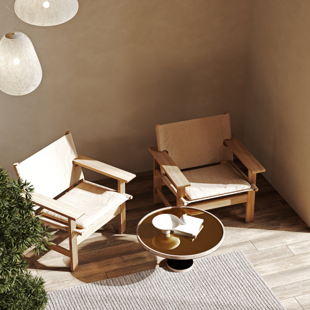 家庭模型，白色房间与天然木制家具，斯堪的纳维亚-波西米亚风格，3d渲染图片下载