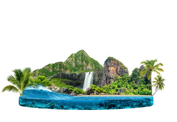 三维插图的一块水族馆或海洋与景观。美丽的冲浪海浪与水下景色隔绝。孤立的白色背景。图片下载