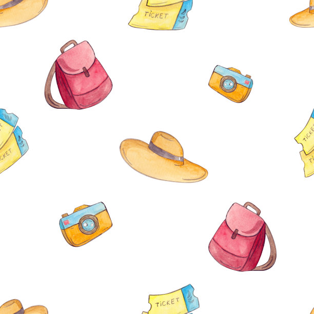 旅游水彩画套装，旅行箱，帽子，门票，护照。Paterny旅程图片下载