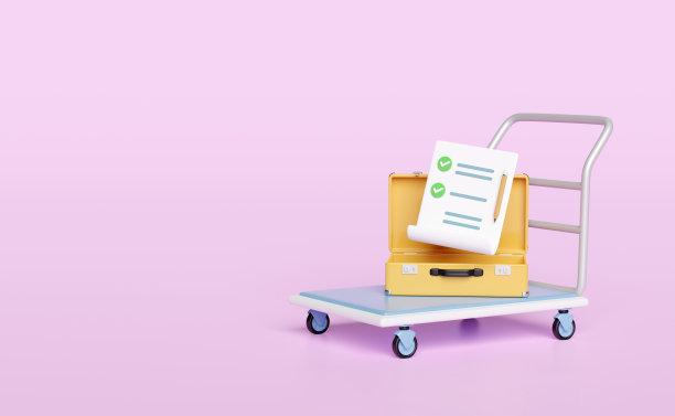 3d机场小车黄色行李箱图标与仓库小车，剪贴板，检查表，检查，清单，铅笔隔离在粉红色的背景。图片下载