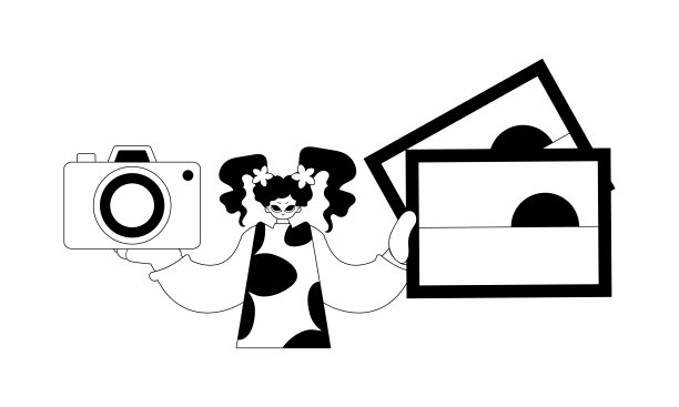 这位精力充沛的女士拿着照片和照相机。旅游的话题。暗白线工艺。时尚的风格，矢量插图图片下载
