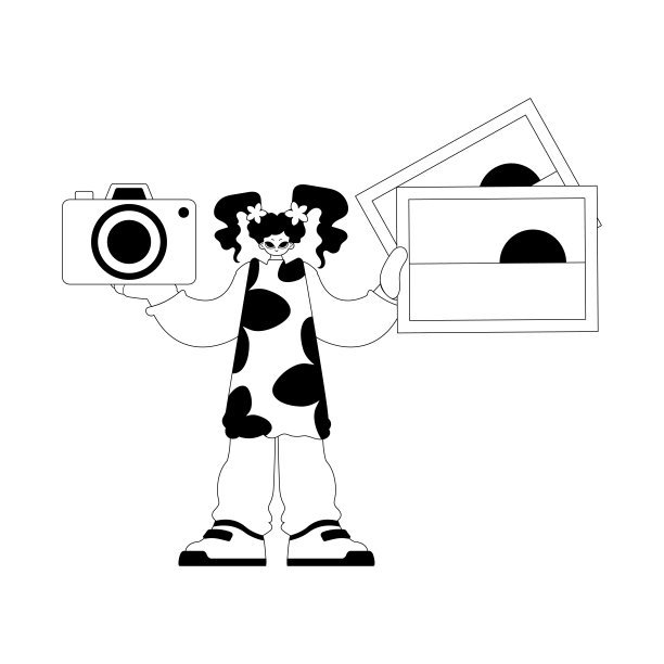 这个年轻的女人拿着照片和照相机。旅游的话题。暗白线工艺。时尚的风格，矢量插图图片下载
