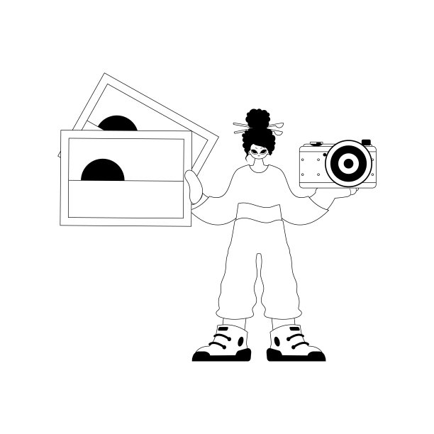 这位兴奋的女士拿着照片和照相机。旅游的话题。暗白线工艺。时尚的风格，矢量插图图片下载