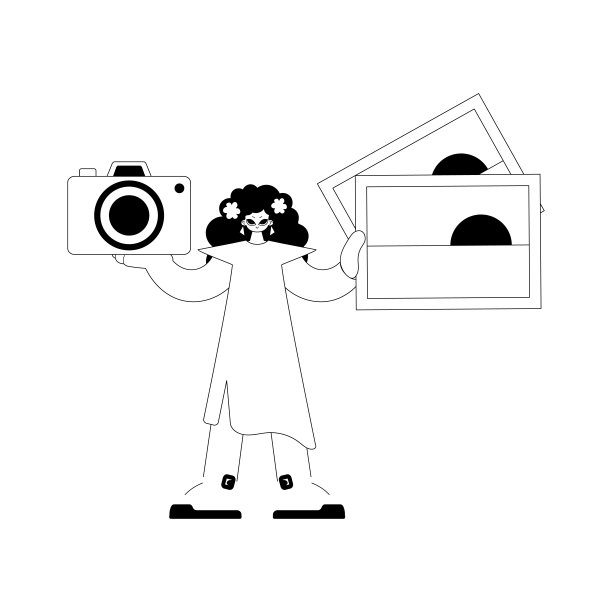 这个年轻的女人拿着照片和照相机。旅游的话题。暗白线工艺。时尚的风格，矢量插图图片下载