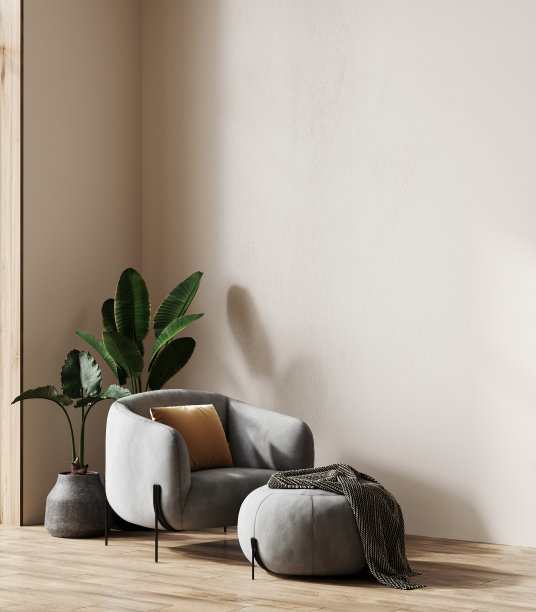 现代室内与现代灰色扶手椅，房间在米色色调，3d渲染图片下载