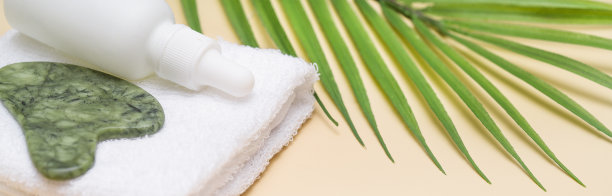 化妆品的横幅。翡翠绿色的脸部按摩器和米色背景油。抗衰老，提提调理，穴位按摩。图片下载