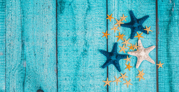 蓝色木制背景的海洋物品。木板上的海物。副本的空间。图片下载