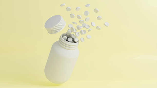 3d渲染的片剂是白色药瓶上的彩色背景，保健的概念图片下载