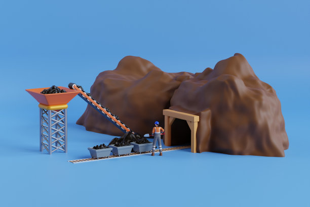 煤炭开采工业和运输3d插图。在煤矿工作。煤矿入口和载煤小车图片下载